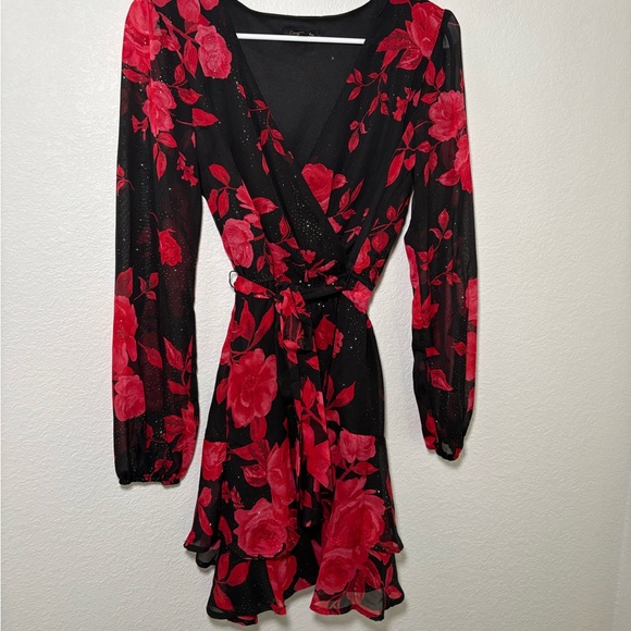 City Triangles Black & Red Floral Wrap Dress with gold accents and Tie Waist - Picture 4 of 4